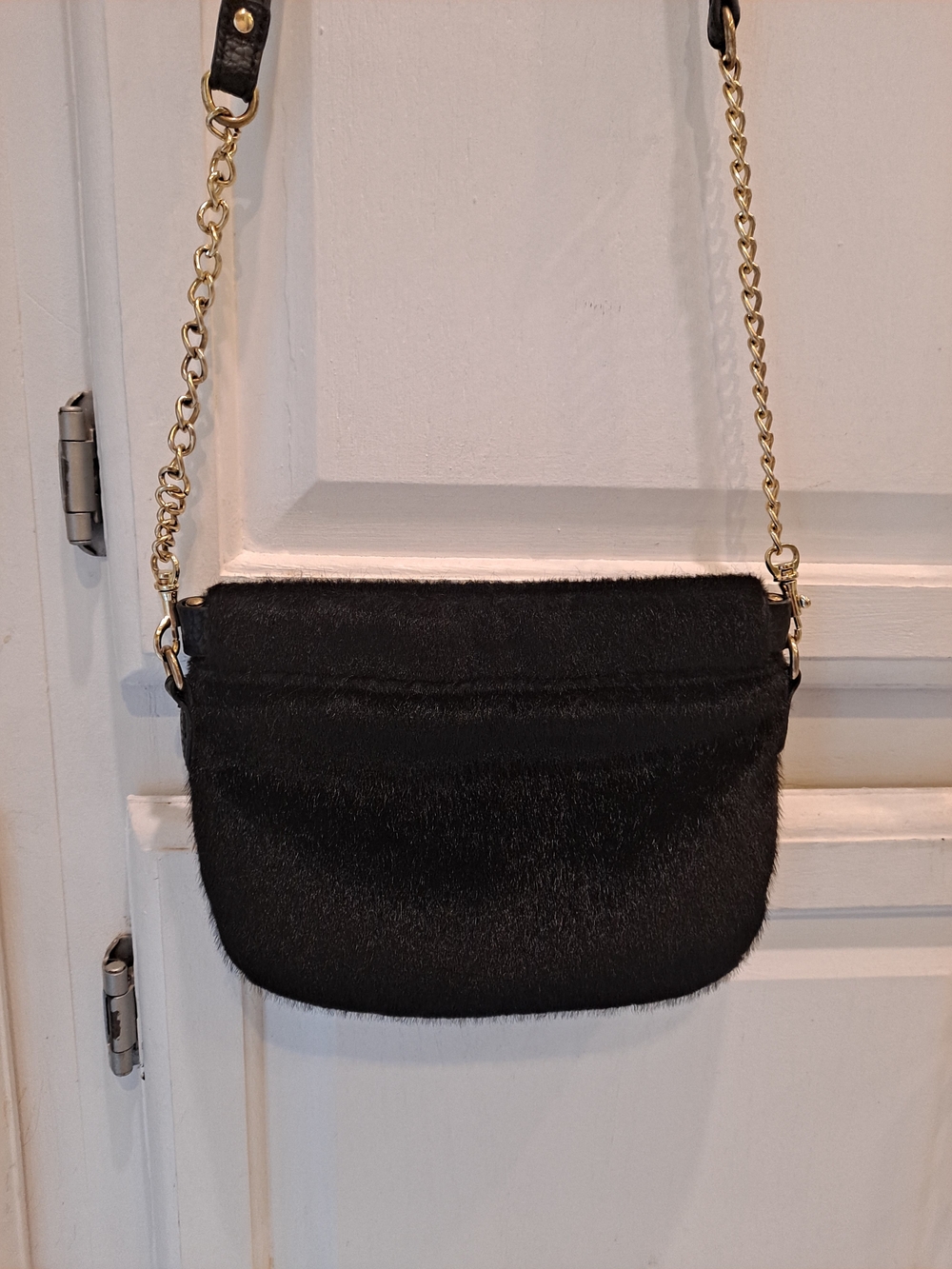 A New Day Black Faux Pony Hair Fur Crossbody Clutch w/Gold Chain Strap Boho
